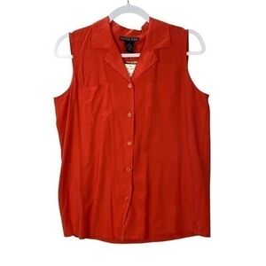 Oliver Perry Orange Silk Collared Sleeveless‎ Button Front Top